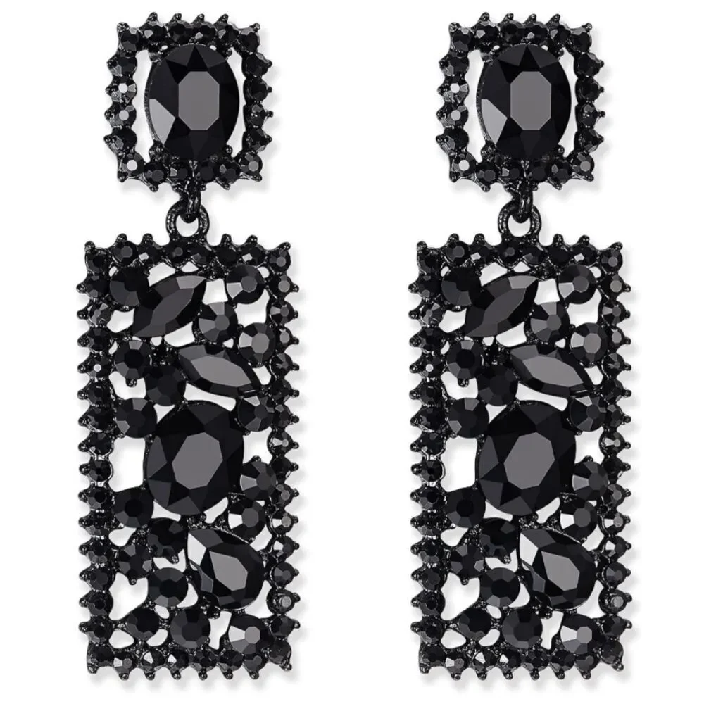 Carbon Black with Ruby Red Crystal Rectangle Geometric Chandelier Post Earrings